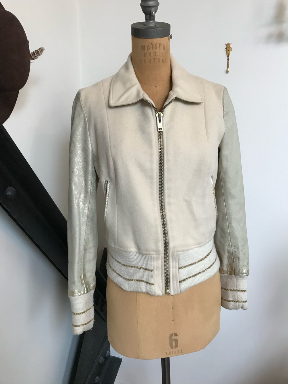 Mackage Cream Bomber Jacket with Metallic Silver Sleeves